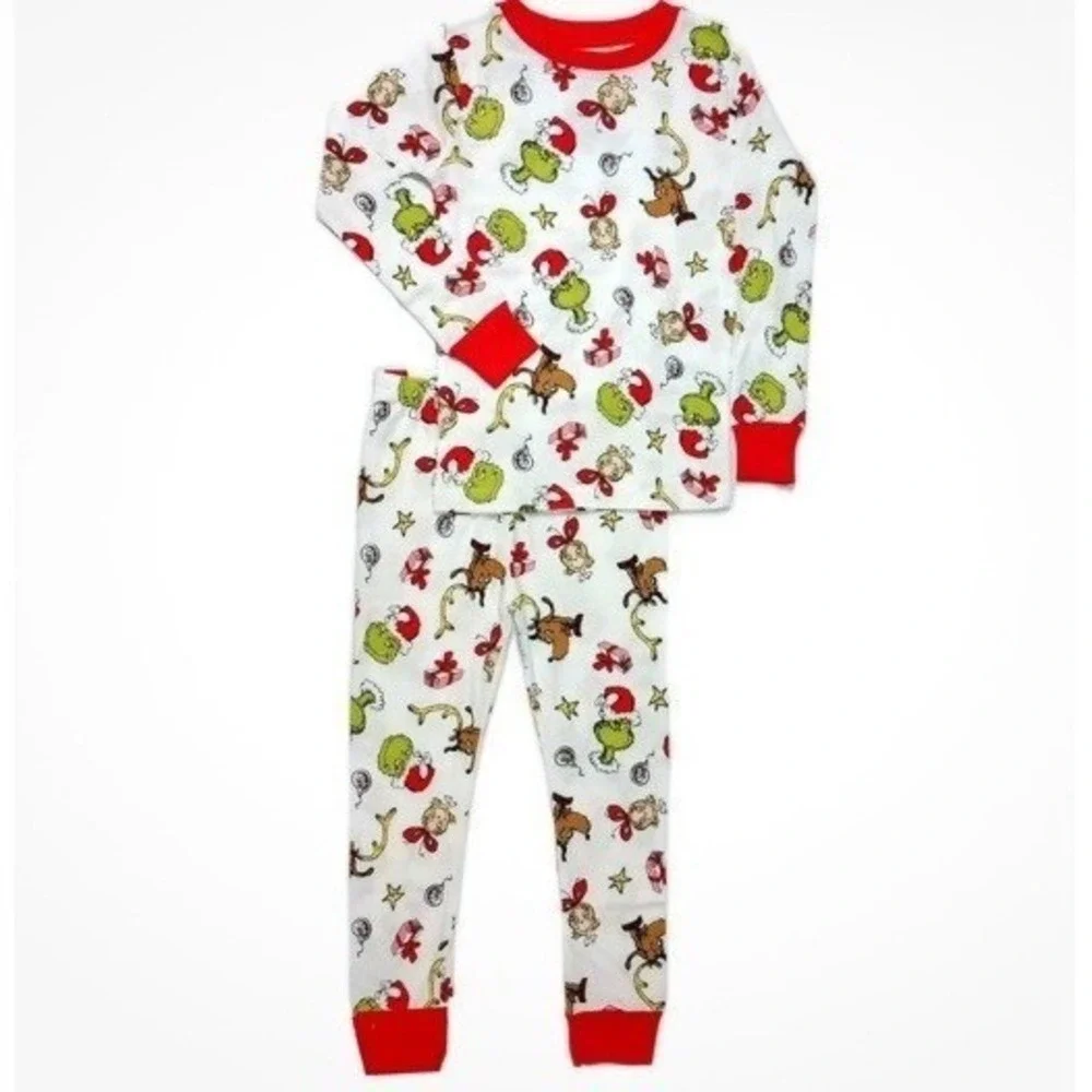 Carters The Grinch Christmas‎ Pajama Set Kids Size 10 White Cotton Holiday PJs